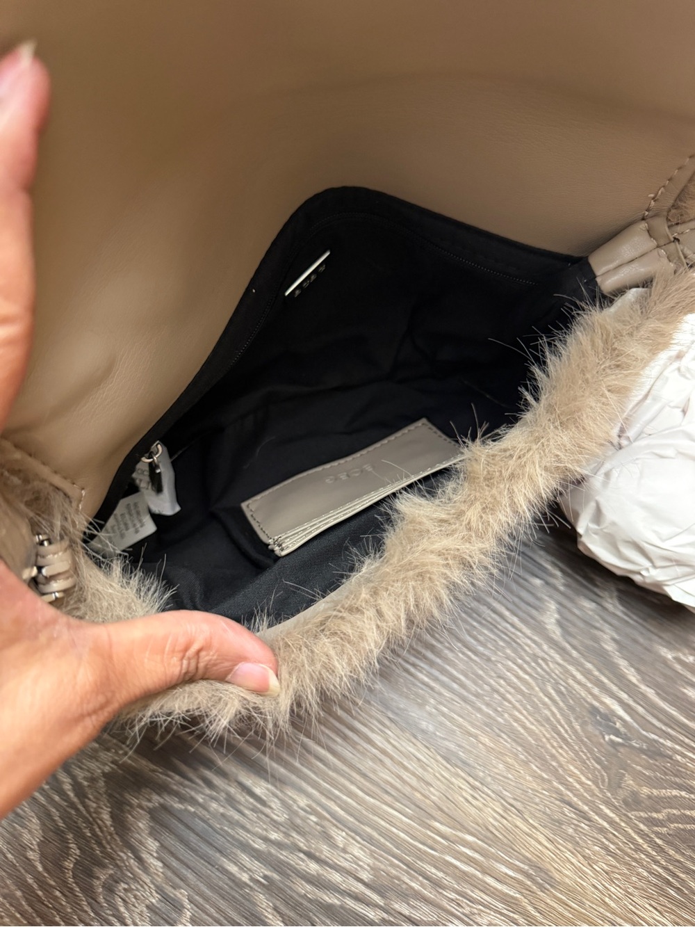 BCBG Faux Fur Taupe Shoulder Bag with Buckle Accent - Picture 4 of 5
